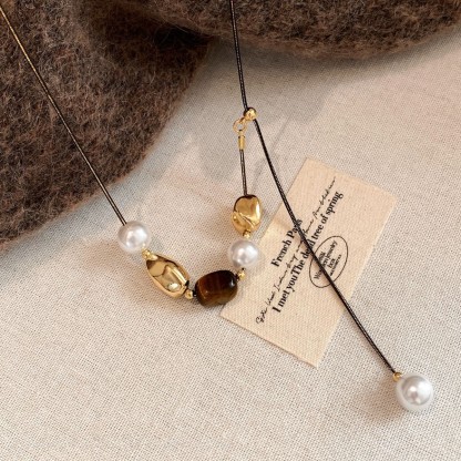 虎眼石拼色串珠珍珠毛衣鏈