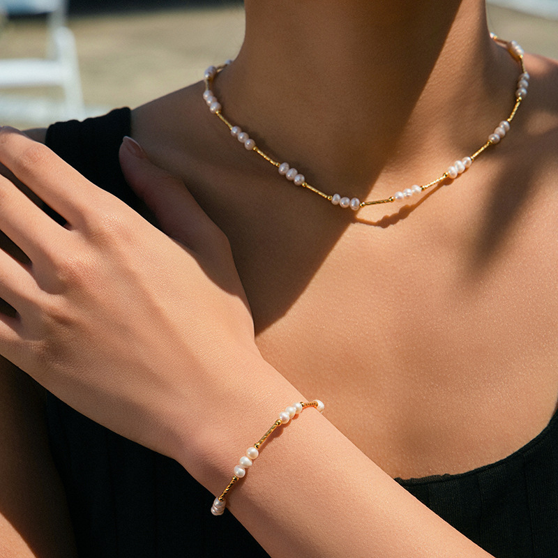天然淡水珍珠套件優雅項鍊復古氣質輕奢風經典款18K手鍊