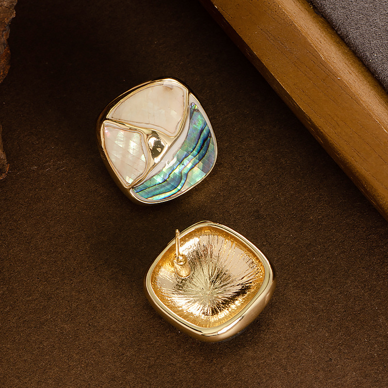 美拉德撞色幾何鮑魚貝滴釉耳釘耳環女高級感銀針耳飾