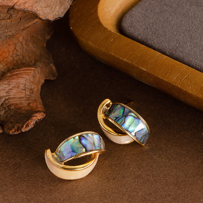 法式復古時尚鑲嵌天然鮑魚貝滴油銀針耳釘氣質百搭高級感合金耳飾
