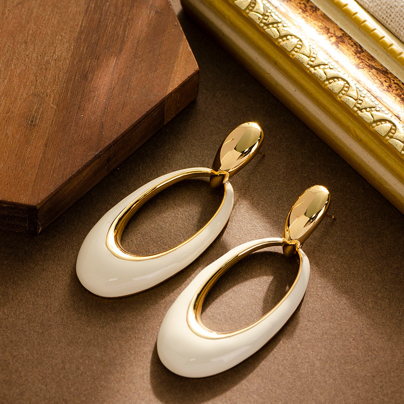 法式優雅復古滴油鏤空幾何橢圓耳環個性設計感銀針耳飾