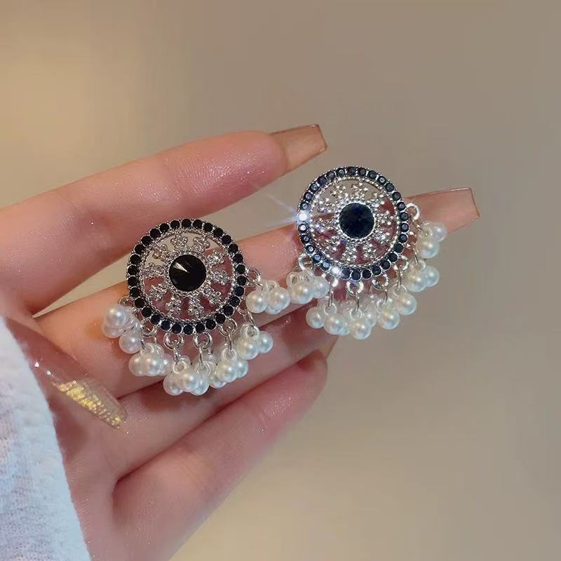 新中式黑金珍珠流苏耳环高级复古民族风轻奢小众高级气质耳钉耳饰