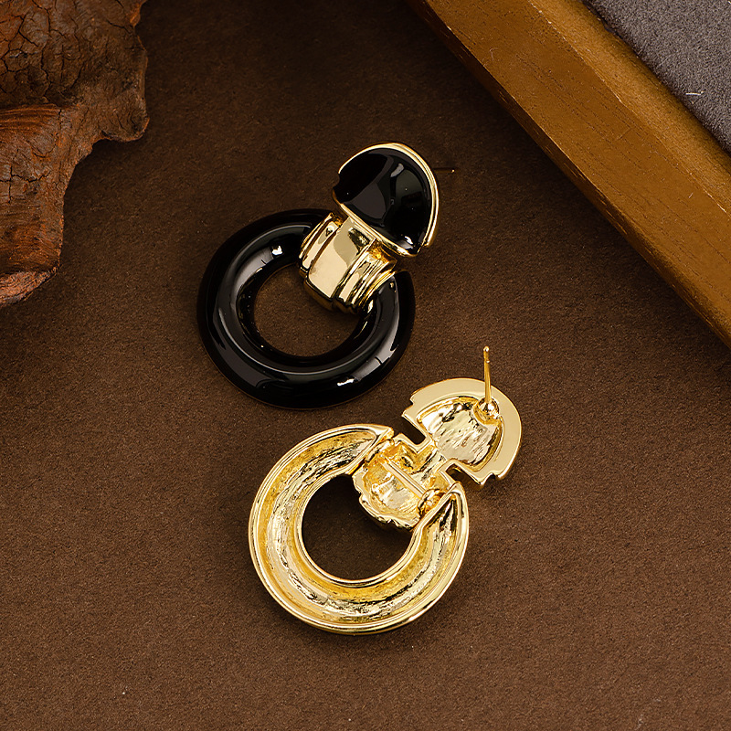 法式復古優雅中古風滴釉幾何圓圈耳墜耳環小衆氣質高級感銀針耳飾