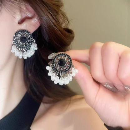 新中式黑金珍珠流苏耳环高级复古民族风轻奢小众高级气质耳钉耳饰