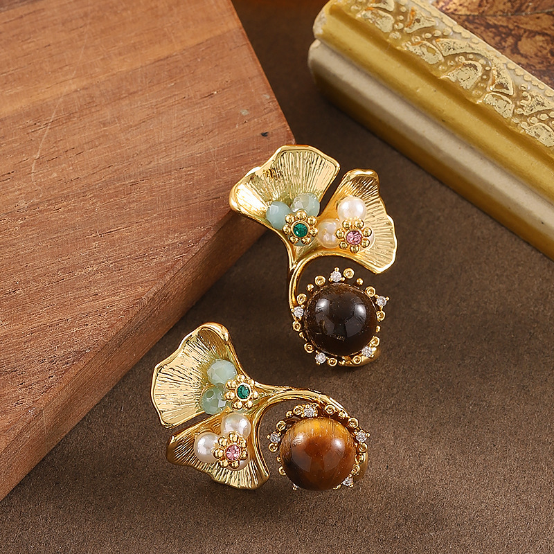 優雅精緻法式宮廷風格虎眼石銀杏葉珍珠女生耳環