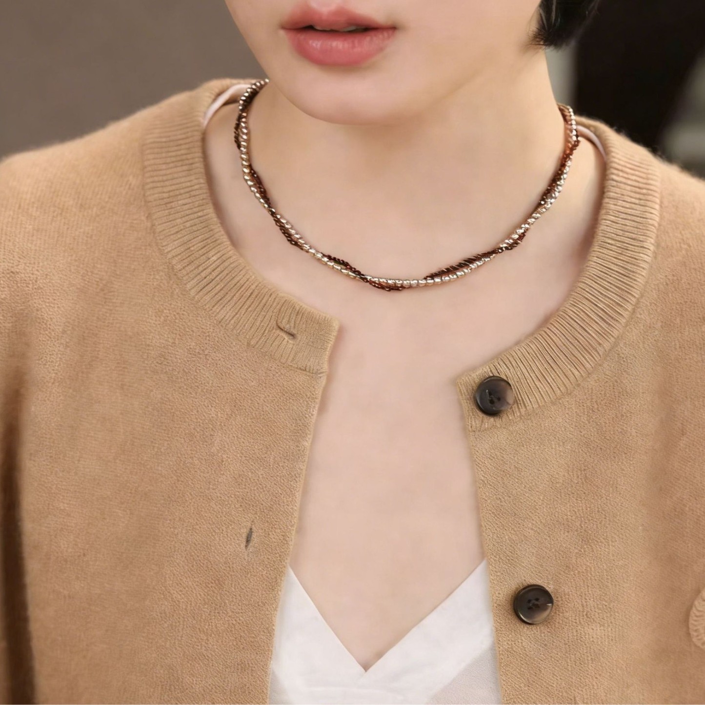 焦糖色·雙圈纏繞珍珠項鍊