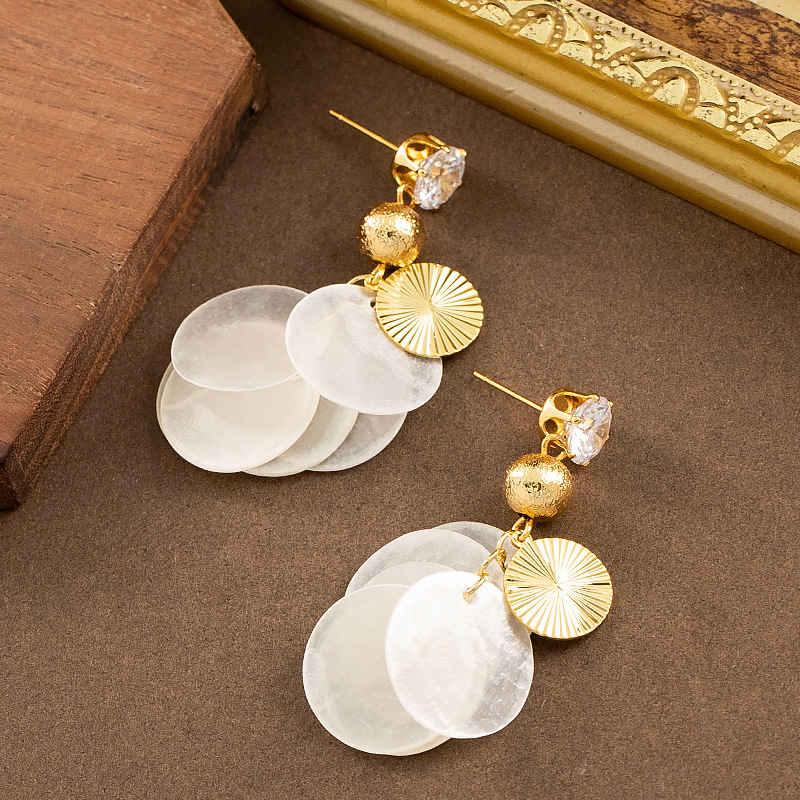 超仙甜美幾何圓形貝殼流蘇耳環輕奢氣質高級感大臉顯瘦耳飾女