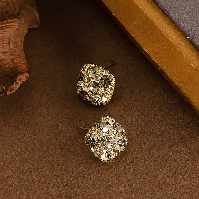 輕奢簡約方形茶色鑲滿鑽超閃鋯石銀針耳釘小衆設計高級感精緻耳飾