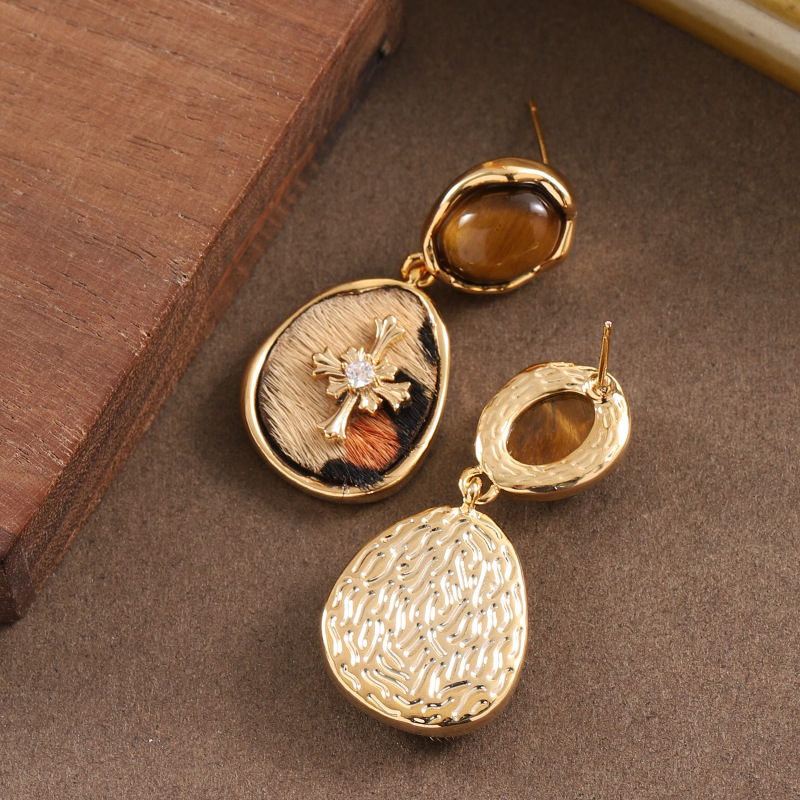 虎眼石马毛豹纹耳环高级感新潮简约气质银针耳饰