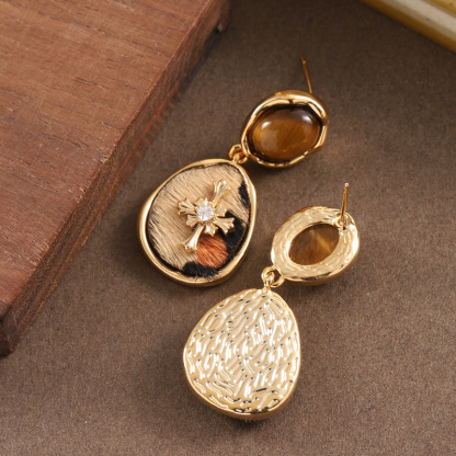 虎眼石马毛豹纹耳环高级感新潮简约气质银针耳饰