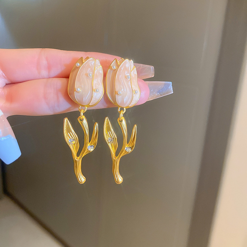 莫奈花园油画风爱心花朵珍珠耳环时尚气质耳钉法式甜美小清新耳饰