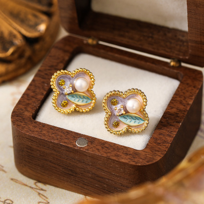 油画四叶花朵｜珐琅彩绘中古风耳钉｜巴洛克珍珠百搭耳饰