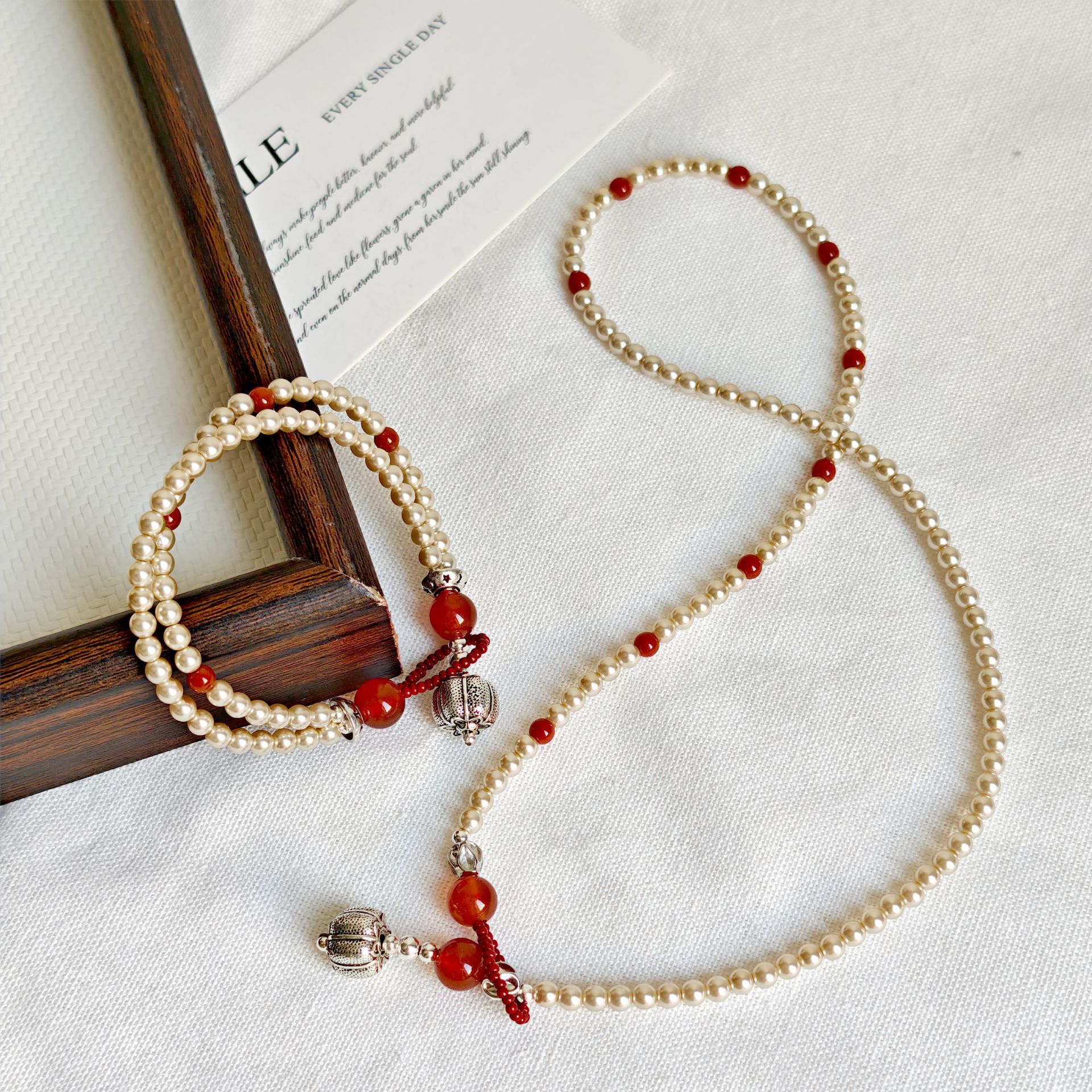 新年開運必備｜红玛瑙南瓜珠 x 珍珠长項鏈