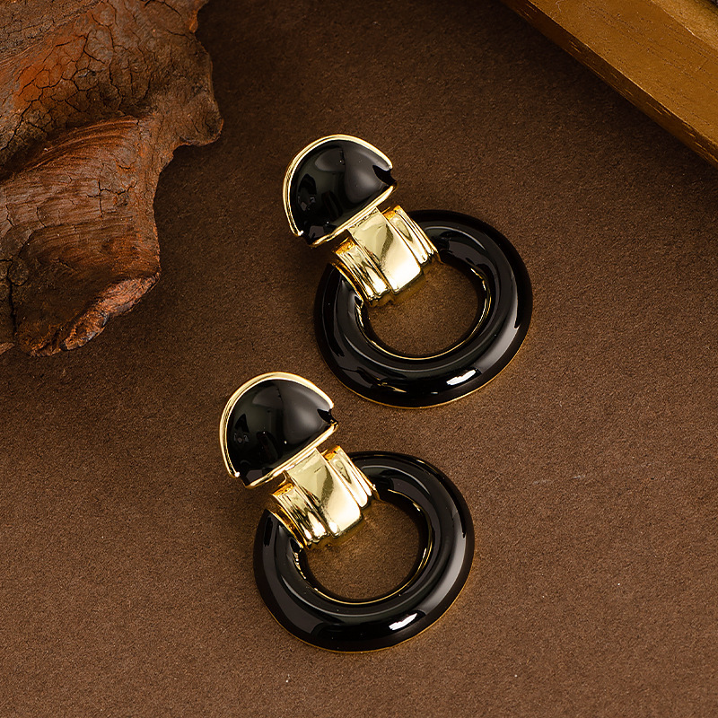 法式復古優雅中古風滴釉幾何圓圈耳墜耳環小衆氣質高級感銀針耳飾