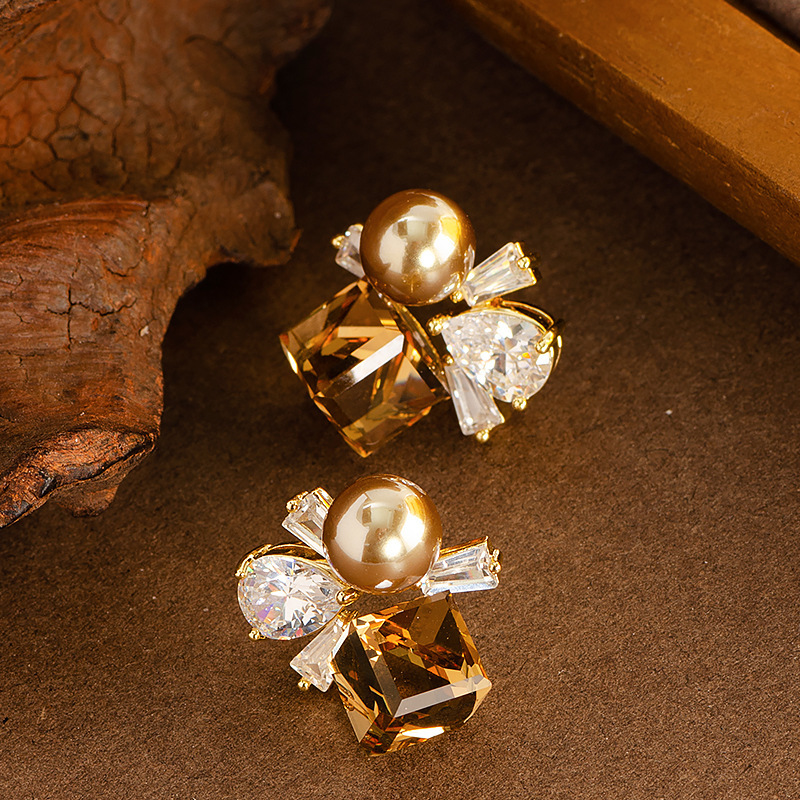 鎏金方糖鋯石珍珠耳釘