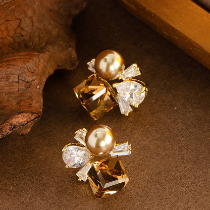 鎏金方糖鋯石珍珠耳釘