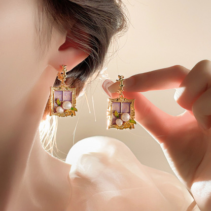 莫奈花园油画风爱心花朵珍珠耳环时尚气质耳钉法式甜美小清新耳饰