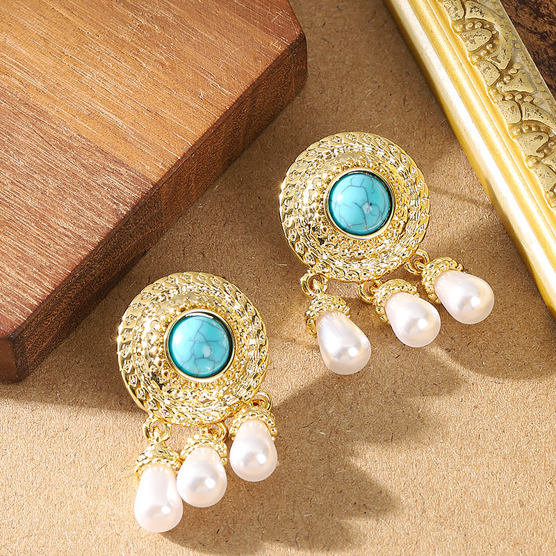 國潮復古民族風藍松石珍珠吊墜流蘇耳環女輕奢高級感個性銀針耳飾