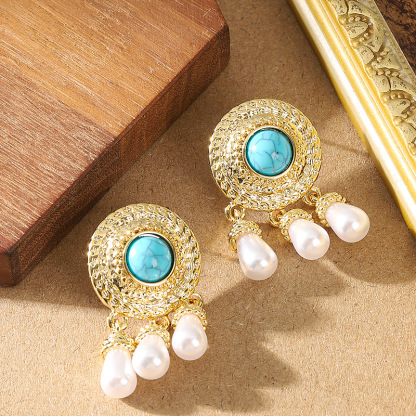 國潮復古民族風藍松石珍珠吊墜流蘇耳環女輕奢高級感個性銀針耳飾