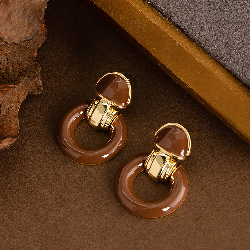 法式復古優雅中古風滴釉幾何圓圈耳墜耳環小衆氣質高級感銀針耳飾