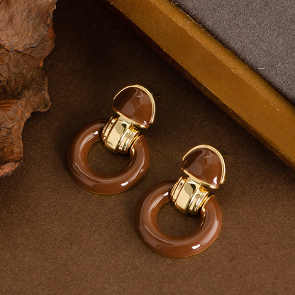 法式復古優雅中古風滴釉幾何圓圈耳墜耳環小衆氣質高級感銀針耳飾