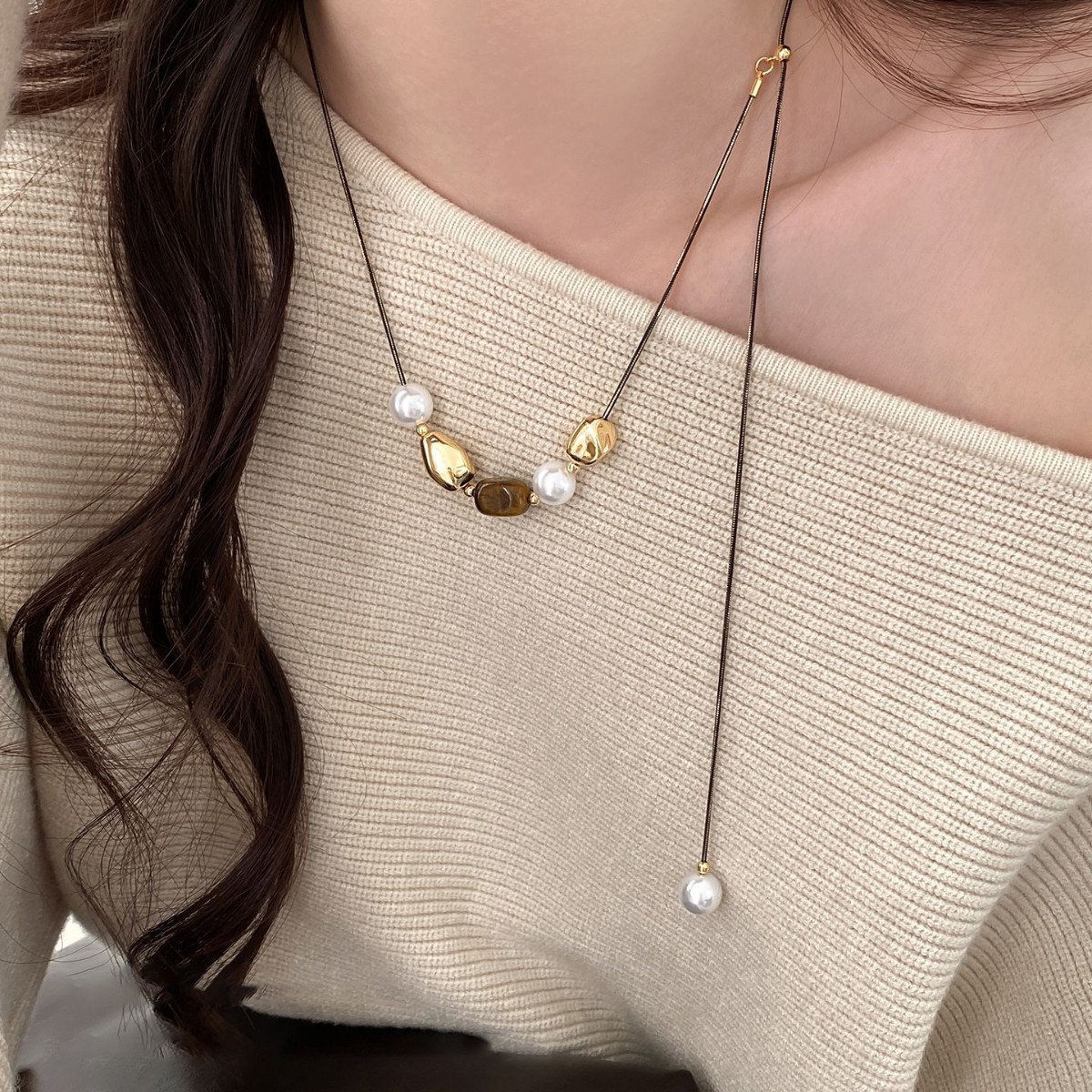 虎眼石拼色串珠珍珠毛衣鏈