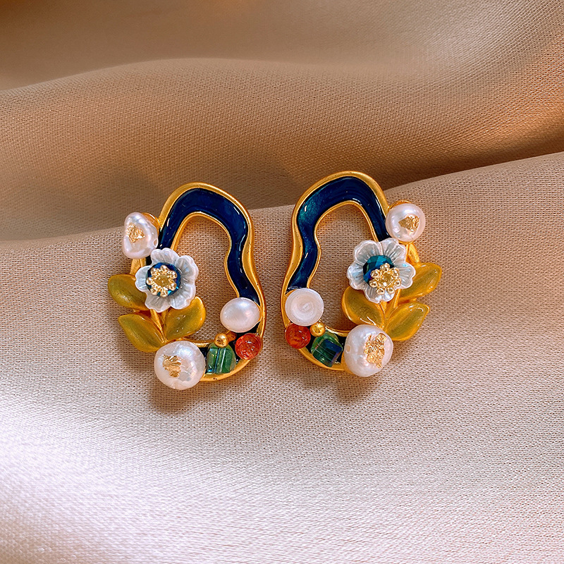 莫奈花园油画风爱心花朵珍珠耳环时尚气质耳钉法式甜美小清新耳饰