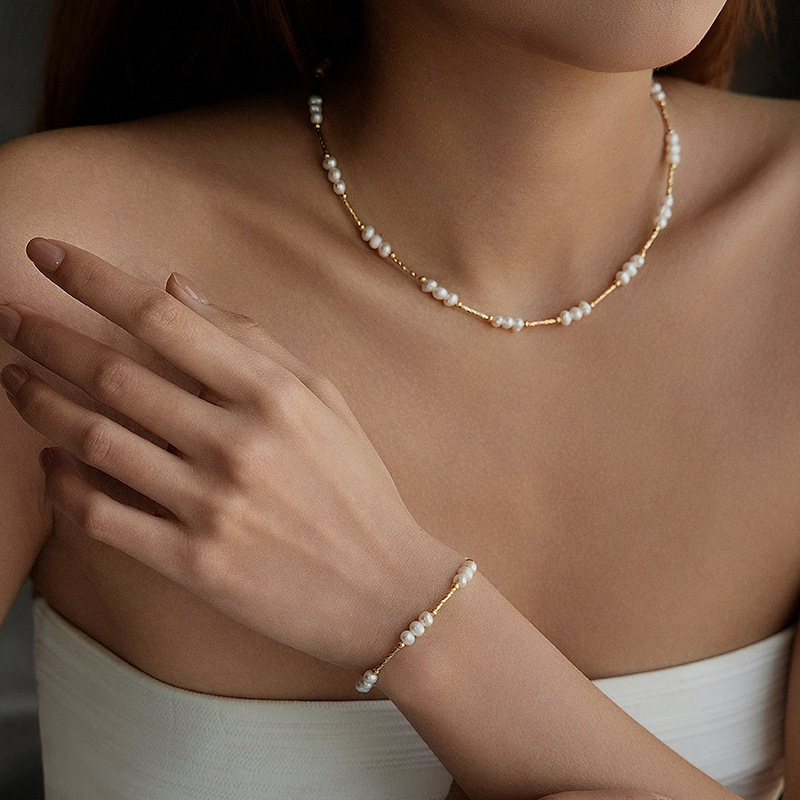 天然淡水珍珠套件優雅項鍊復古氣質輕奢風經典款18K手鍊