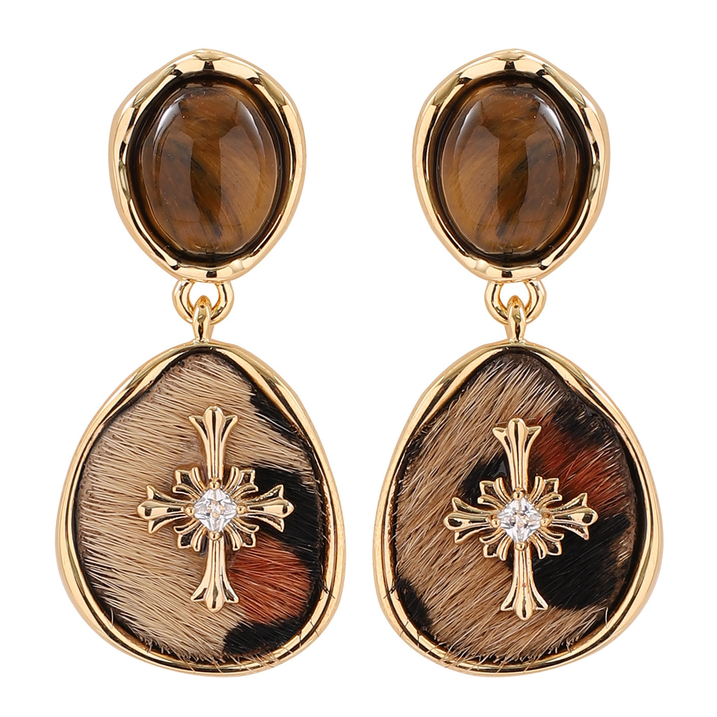 虎眼石马毛豹纹耳环高级感新潮简约气质银针耳饰