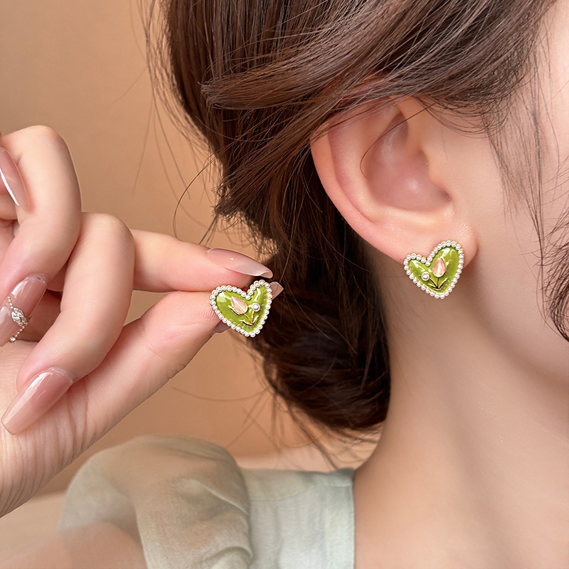 莫奈花园油画风爱心花朵珍珠耳环时尚气质耳钉法式甜美小清新耳饰