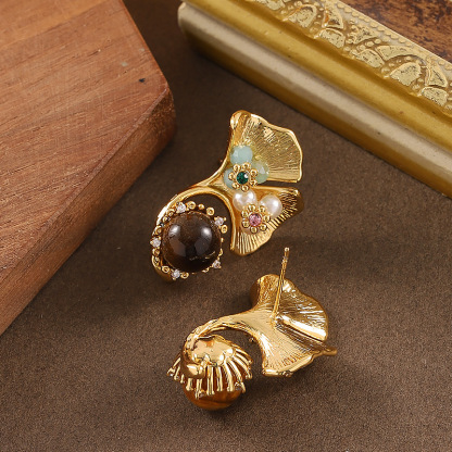 優雅精緻法式宮廷風格虎眼石銀杏葉珍珠女生耳環