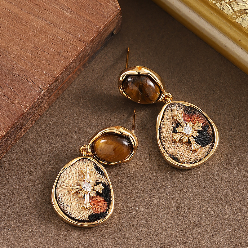 虎眼石马毛豹纹耳环高级感新潮简约气质银针耳饰