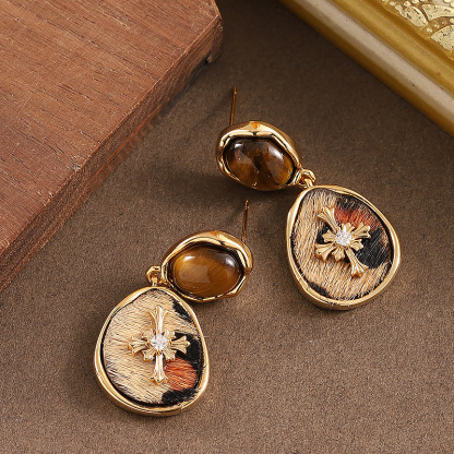 虎眼石马毛豹纹耳环高级感新潮简约气质银针耳饰