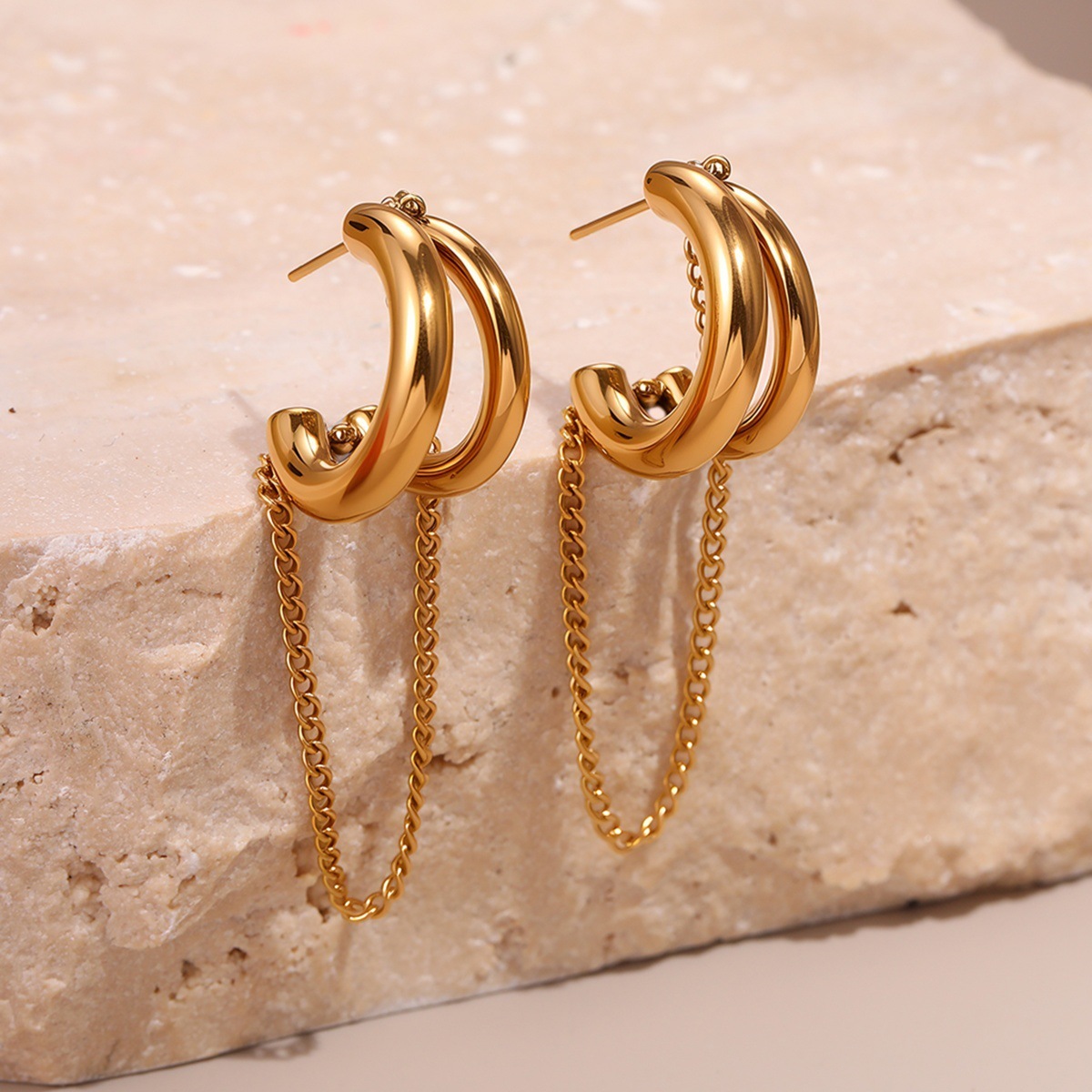 欧美时尚个性流蘇不鏽鋼耳环镀金設計感小眾耳飾品