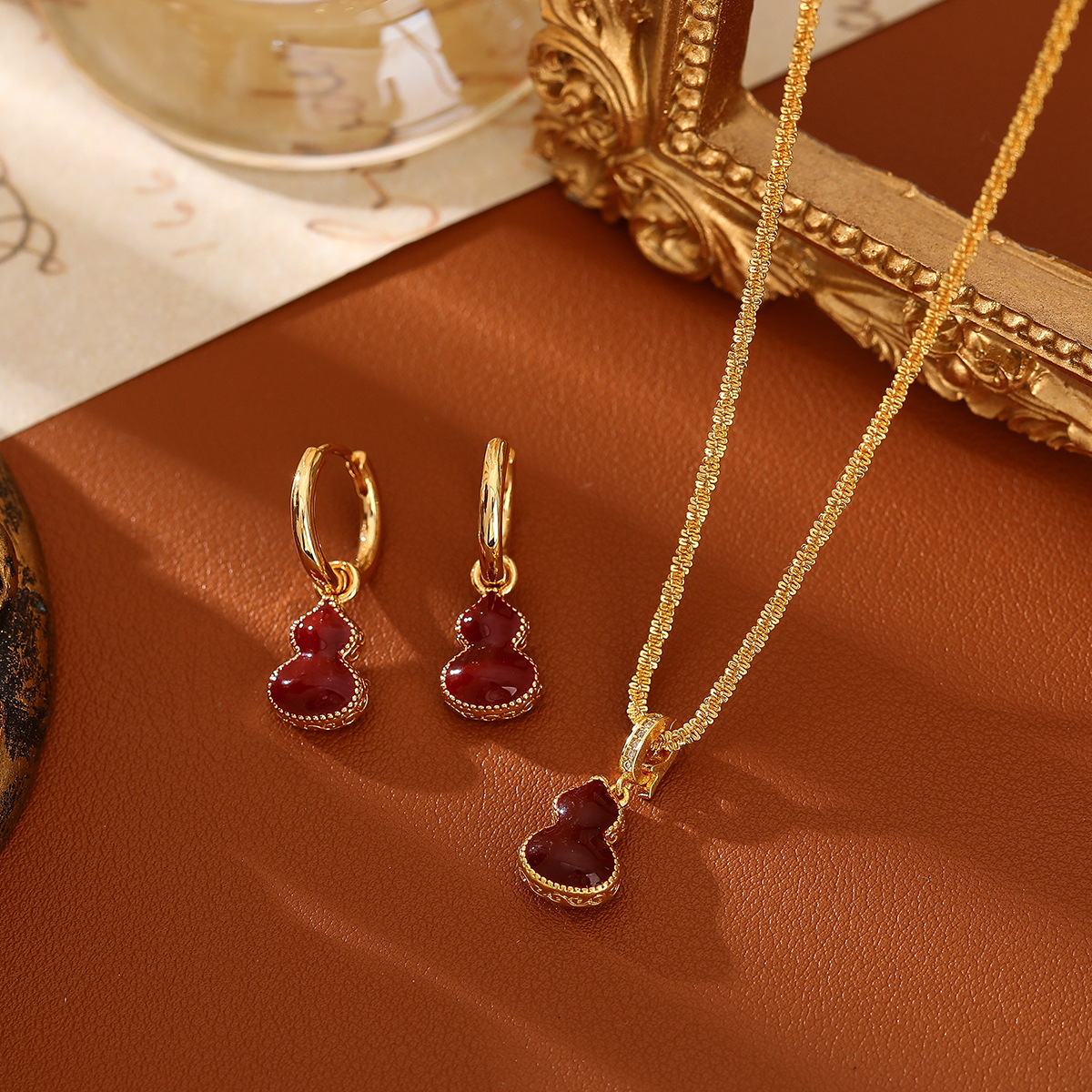 潮葫芦項鏈｜安克拉红葫芦耳环｜红色滴油AB面母贝套装