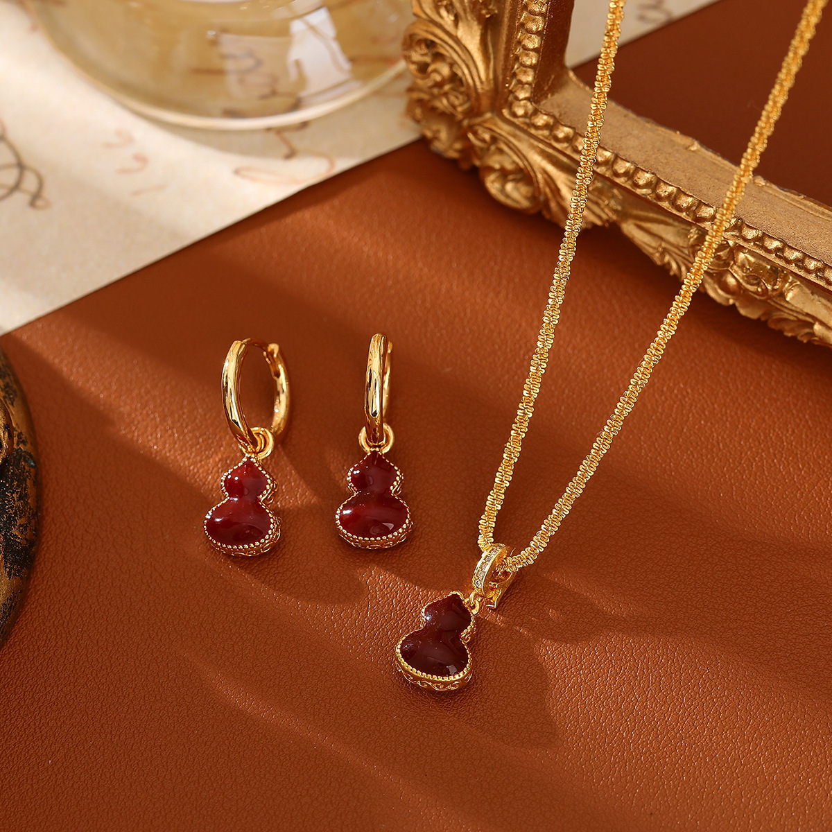 潮葫芦項鏈｜安克拉红葫芦耳环｜红色滴油AB面母贝套装