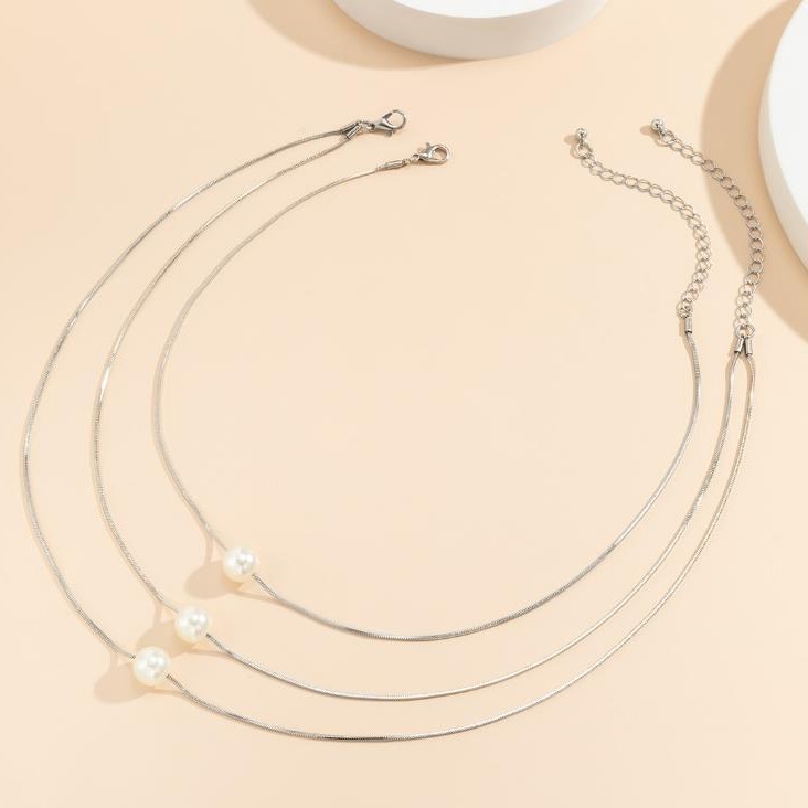 珍珠吊墜幾何型鏈條個性多層項鍊細軟蛇骨鏈項鍊