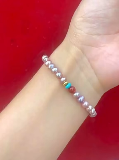 流光三彩｜香檳粉色淡水珍珠串珠｜氣場能量硃砂珍珠