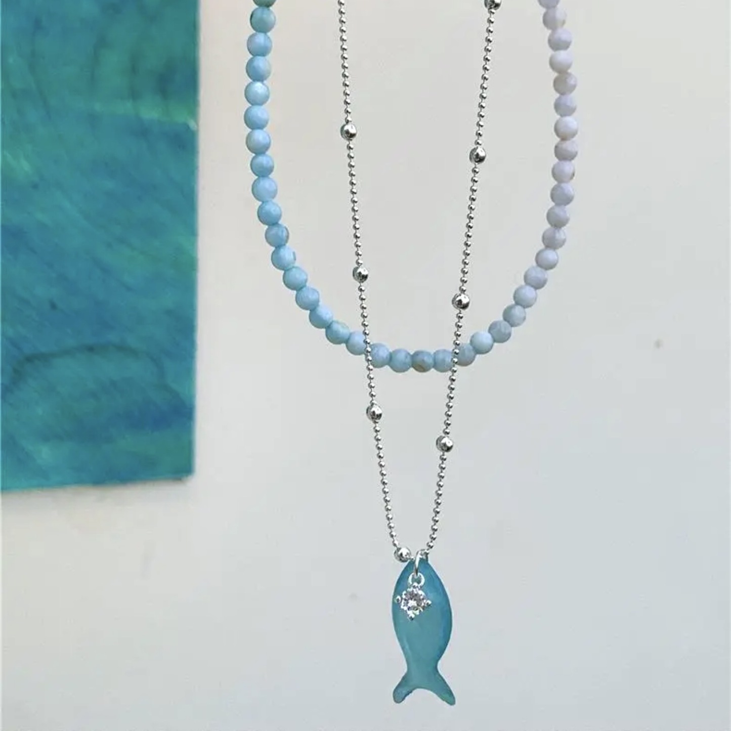 海洋日記｜清新薄荷綠小魚鋯石項鍊｜漸變串珠疊戴項鍊
