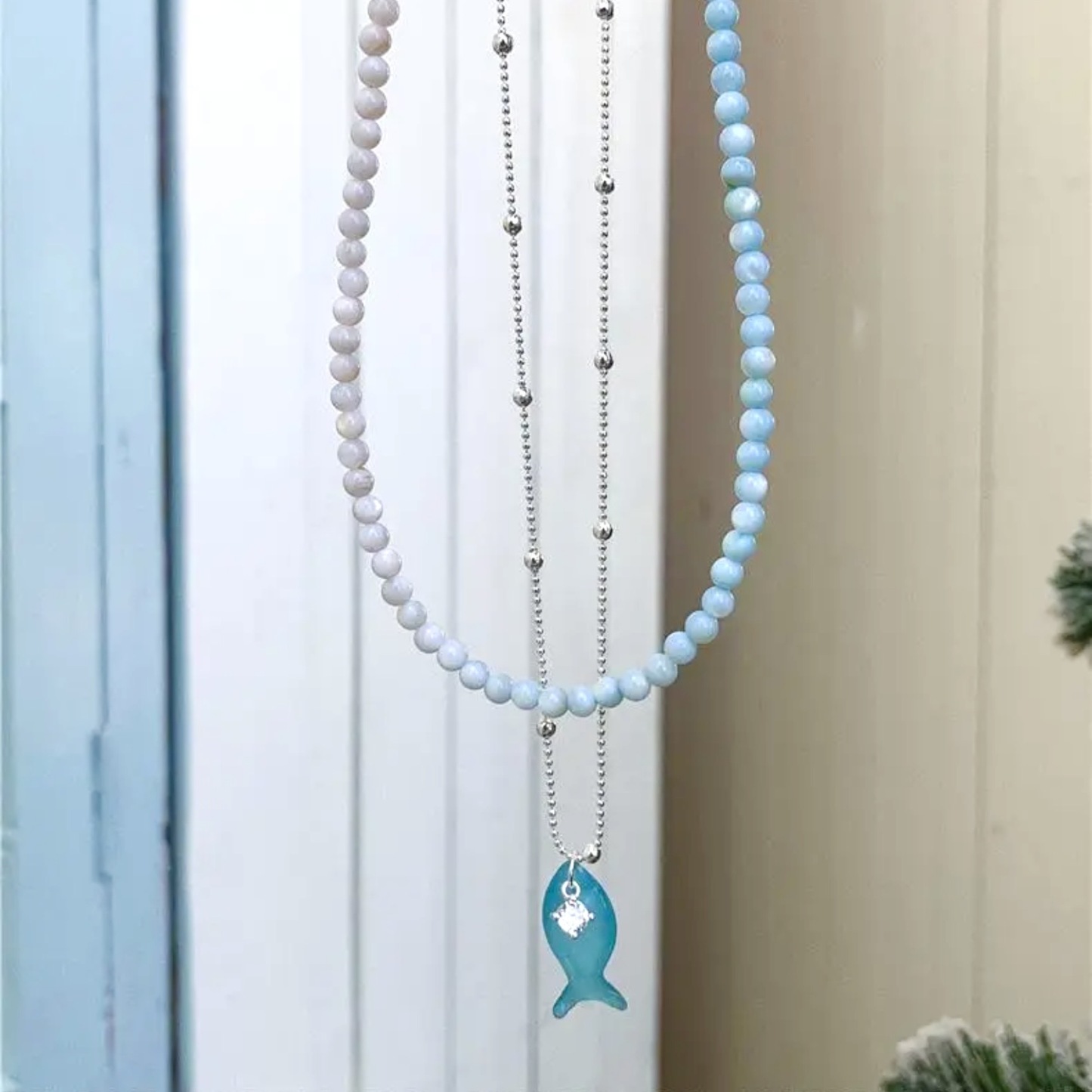 海洋日記｜清新薄荷綠小魚鋯石項鍊｜漸變串珠疊戴項鍊