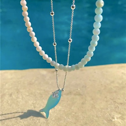 海洋日記｜清新薄荷綠小魚鋯石項鍊｜漸變串珠疊戴項鍊