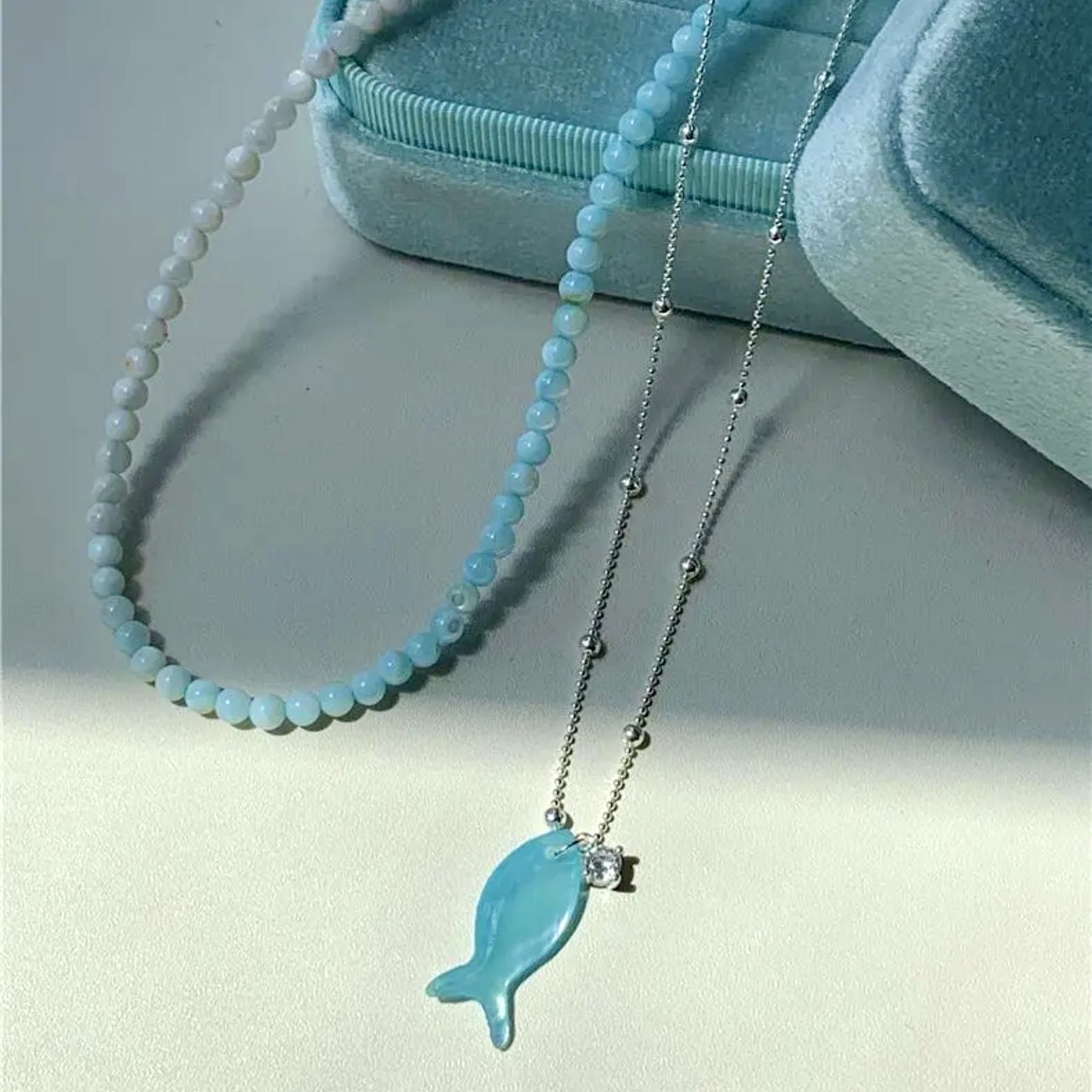 海洋日記｜清新薄荷綠小魚鋯石項鍊｜漸變串珠疊戴項鍊