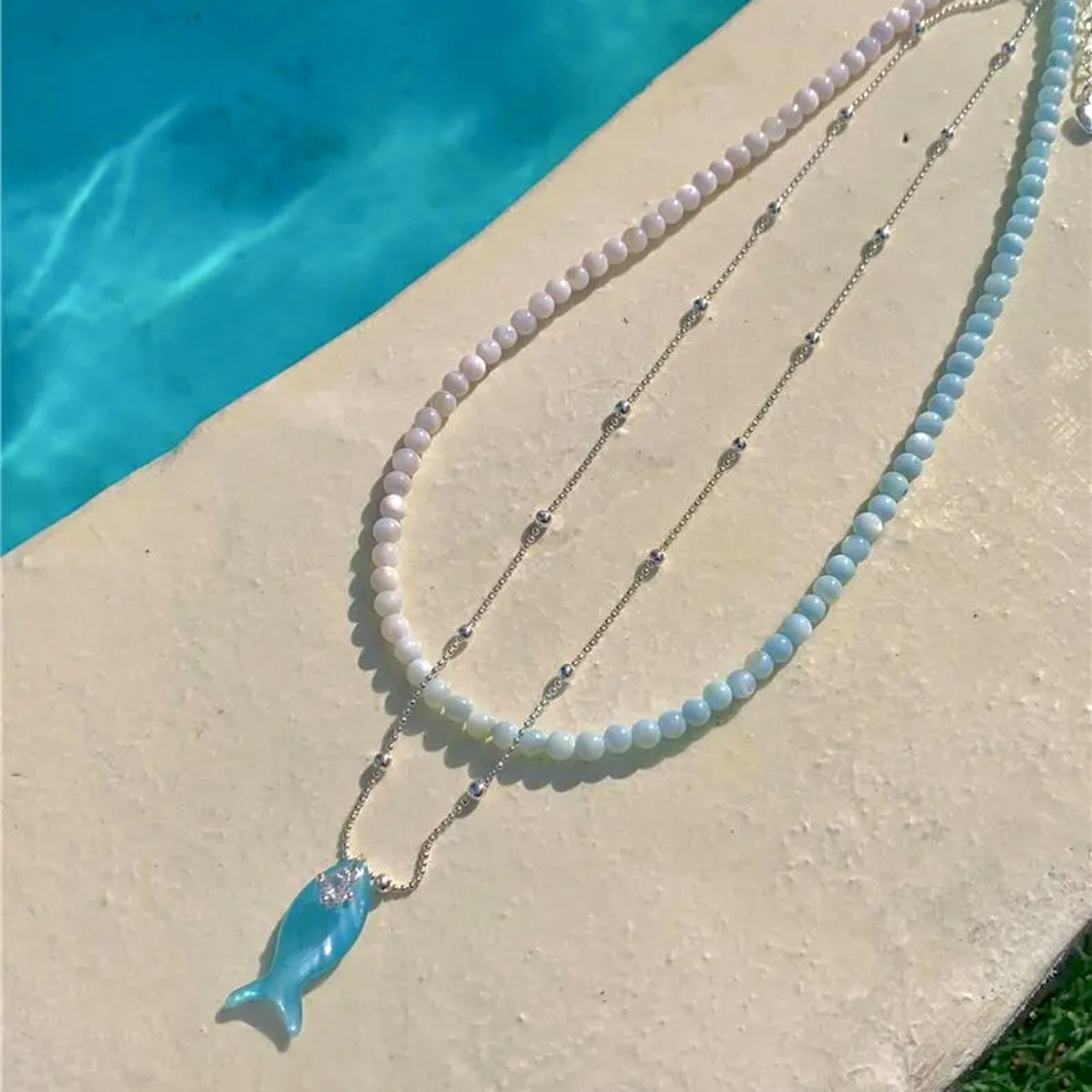 海洋日記｜清新薄荷綠小魚鋯石項鍊｜漸變串珠疊戴項鍊