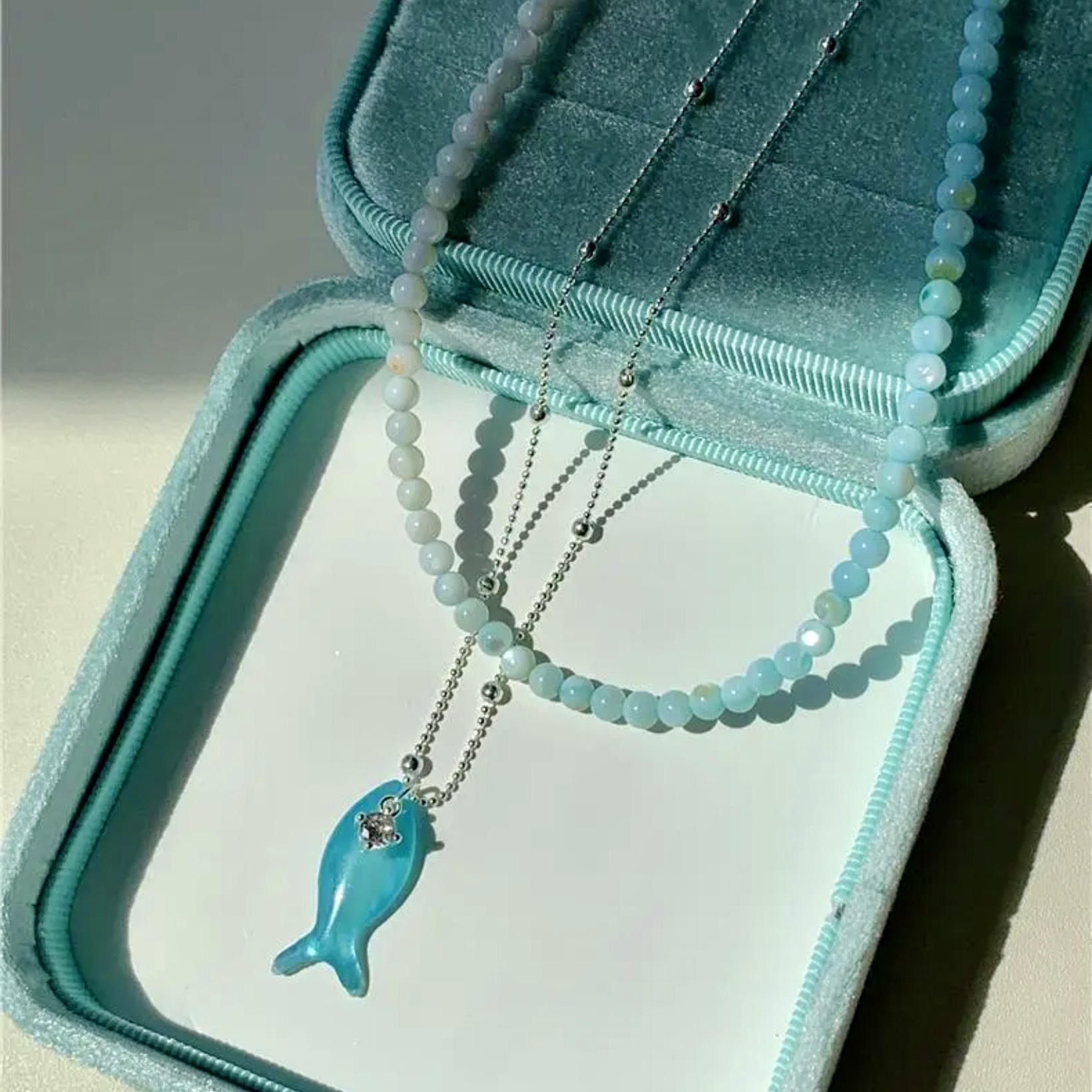 海洋日記｜清新薄荷綠小魚鋯石項鍊｜漸變串珠疊戴項鍊