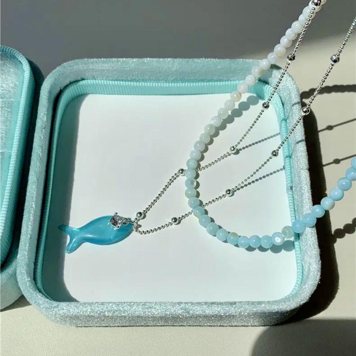 海洋日記｜清新薄荷綠小魚鋯石項鍊｜漸變串珠疊戴項鍊