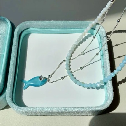 海洋日記｜清新薄荷綠小魚鋯石項鍊｜漸變串珠疊戴項鍊