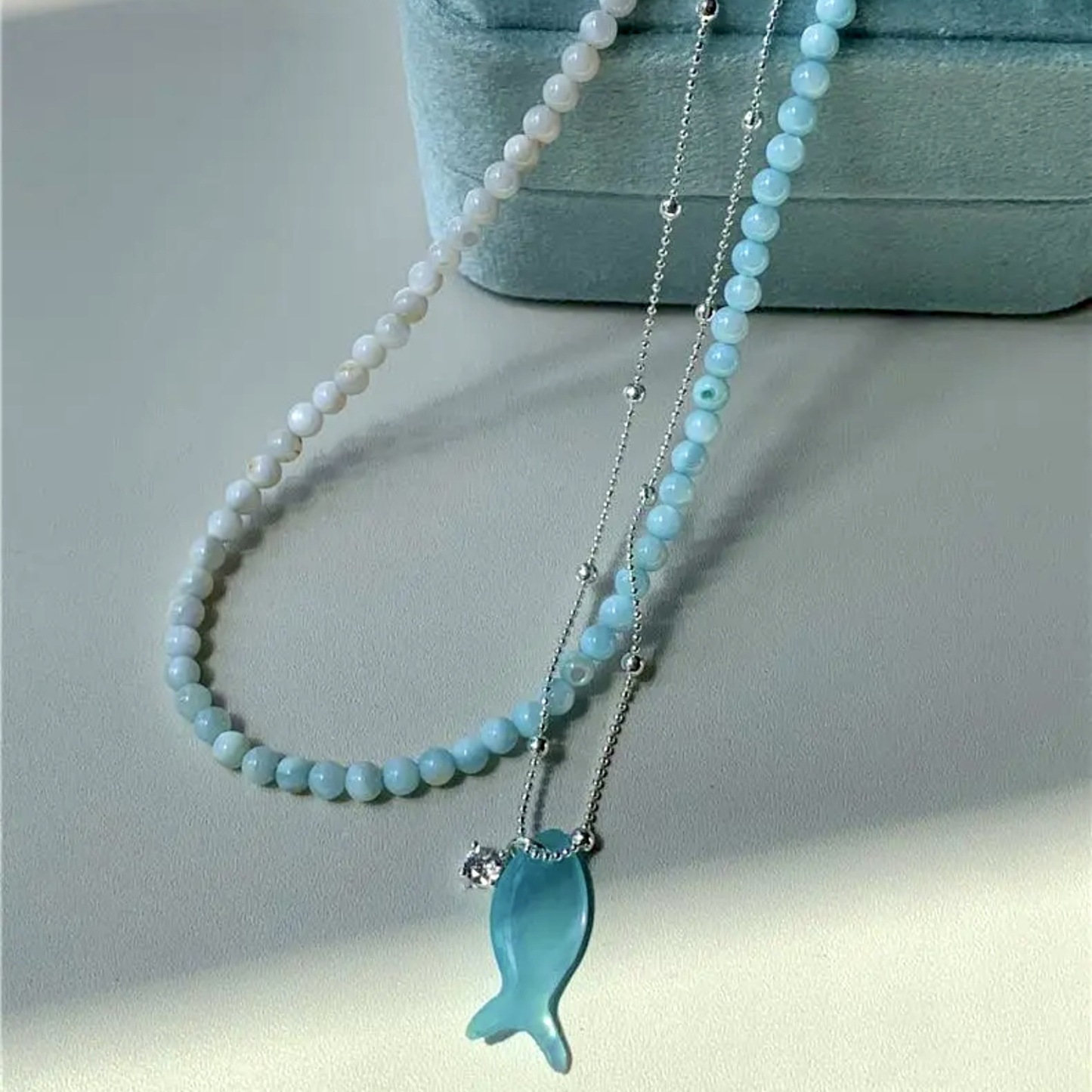 海洋日記｜清新薄荷綠小魚鋯石項鍊｜漸變串珠疊戴項鍊