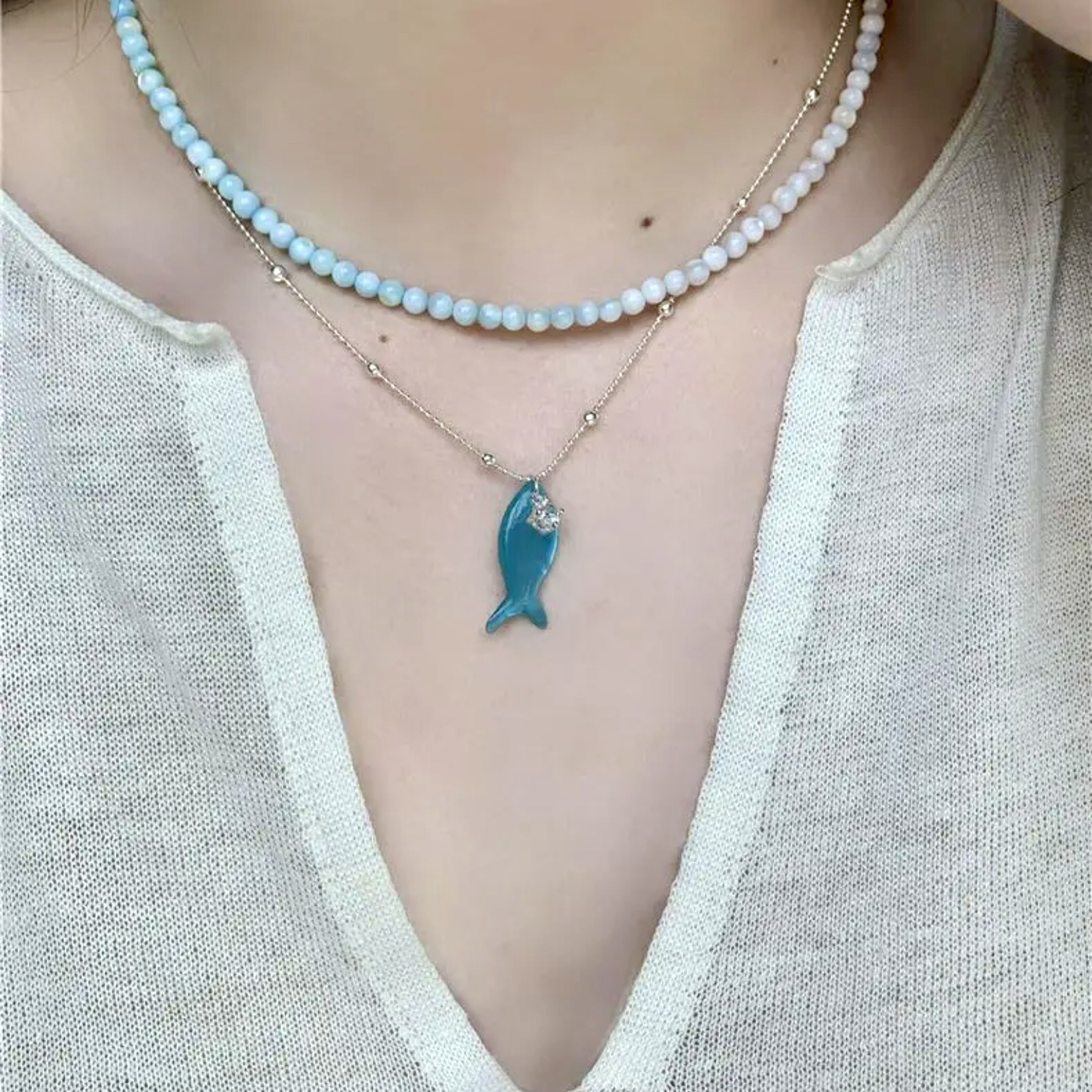 海洋日記｜清新薄荷綠小魚鋯石項鍊｜漸變串珠疊戴項鍊