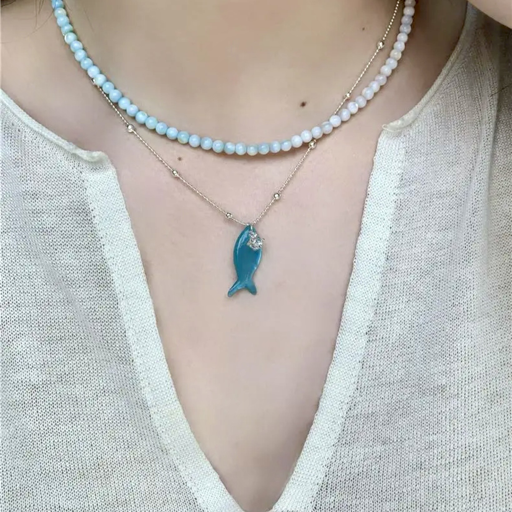 海洋日記｜清新薄荷綠小魚鋯石項鍊｜漸變串珠疊戴項鍊