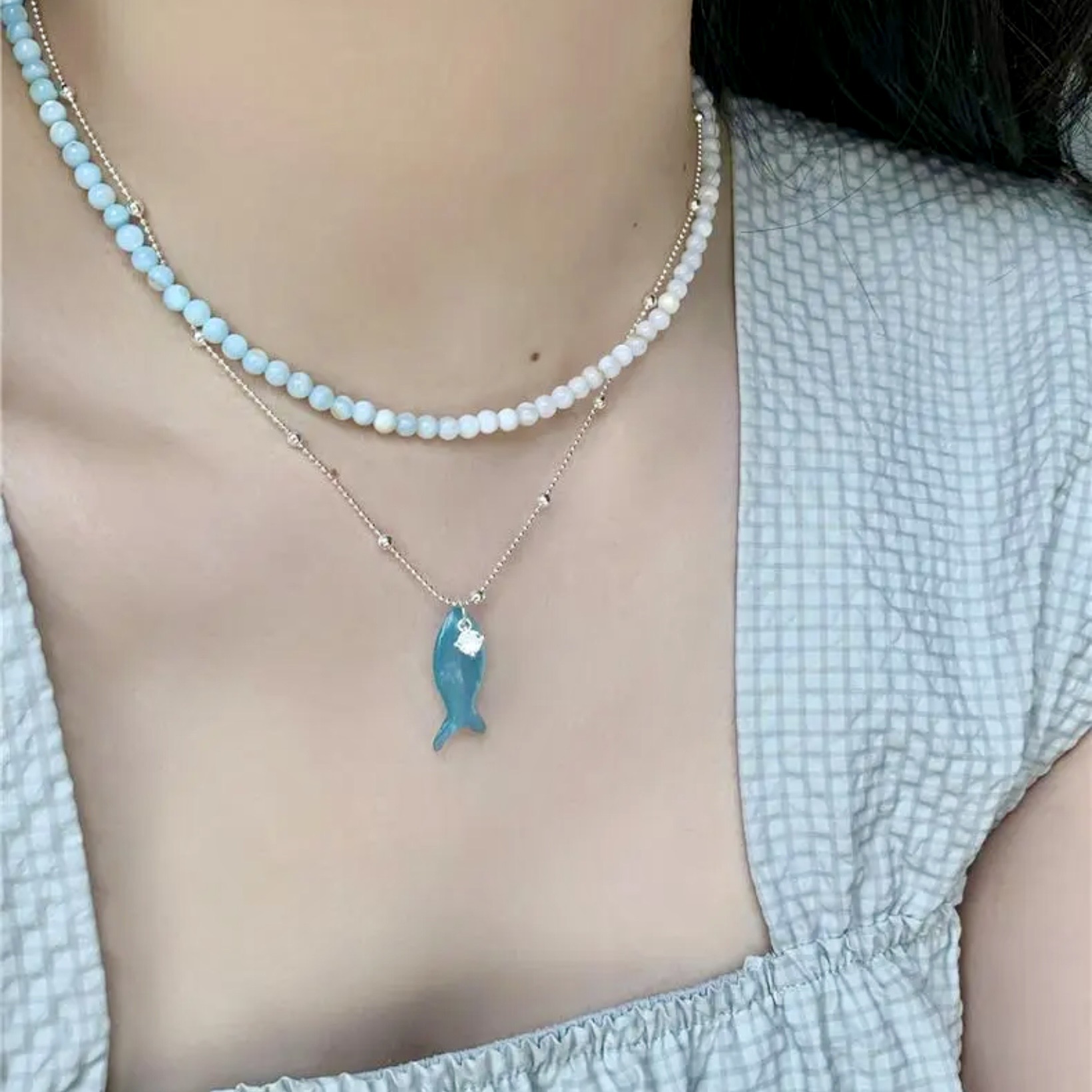 海洋日記｜清新薄荷綠小魚鋯石項鍊｜漸變串珠疊戴項鍊